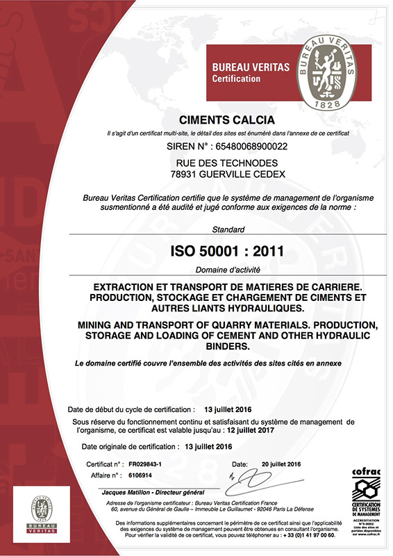 CIMENTS CALCIA a obtenu la certification ISO 50001
